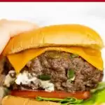 Pinterest image with text: Jalapeño Burgers with cream cheese stuffing
