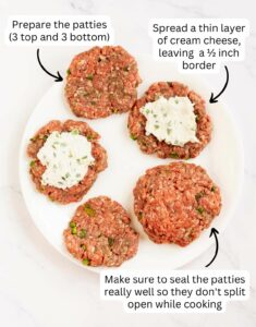 Picture showing how to make cream cheese stuffed burger patties