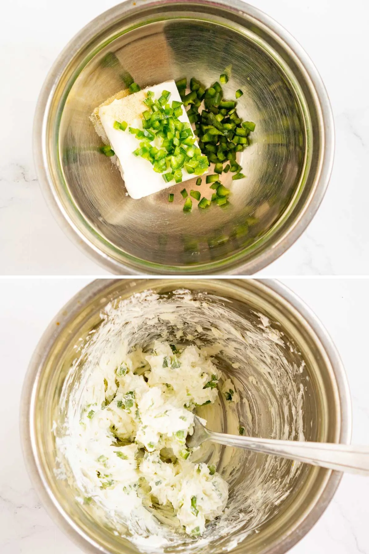 Collage of 2 pictures showing how to mix together diced jalapeños with cream cheese