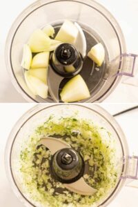 Collage of 2 photos showing how to chop onion and dill in a food processor.