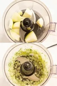 Collage of 2 photos showing how to chop onion and dill in a food processor.