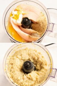 Collage of 2 photos showing how to make fish loaf mixture in a food processor
