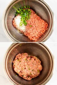Collage of 2 pictures of how to make jalapeño burger ground beef mixture