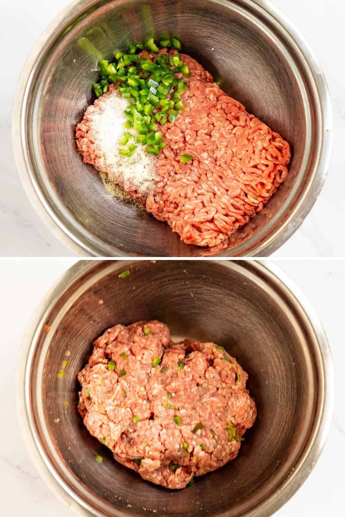 Collage of 2 pictures of how to make jalapeño burger ground beef mixture