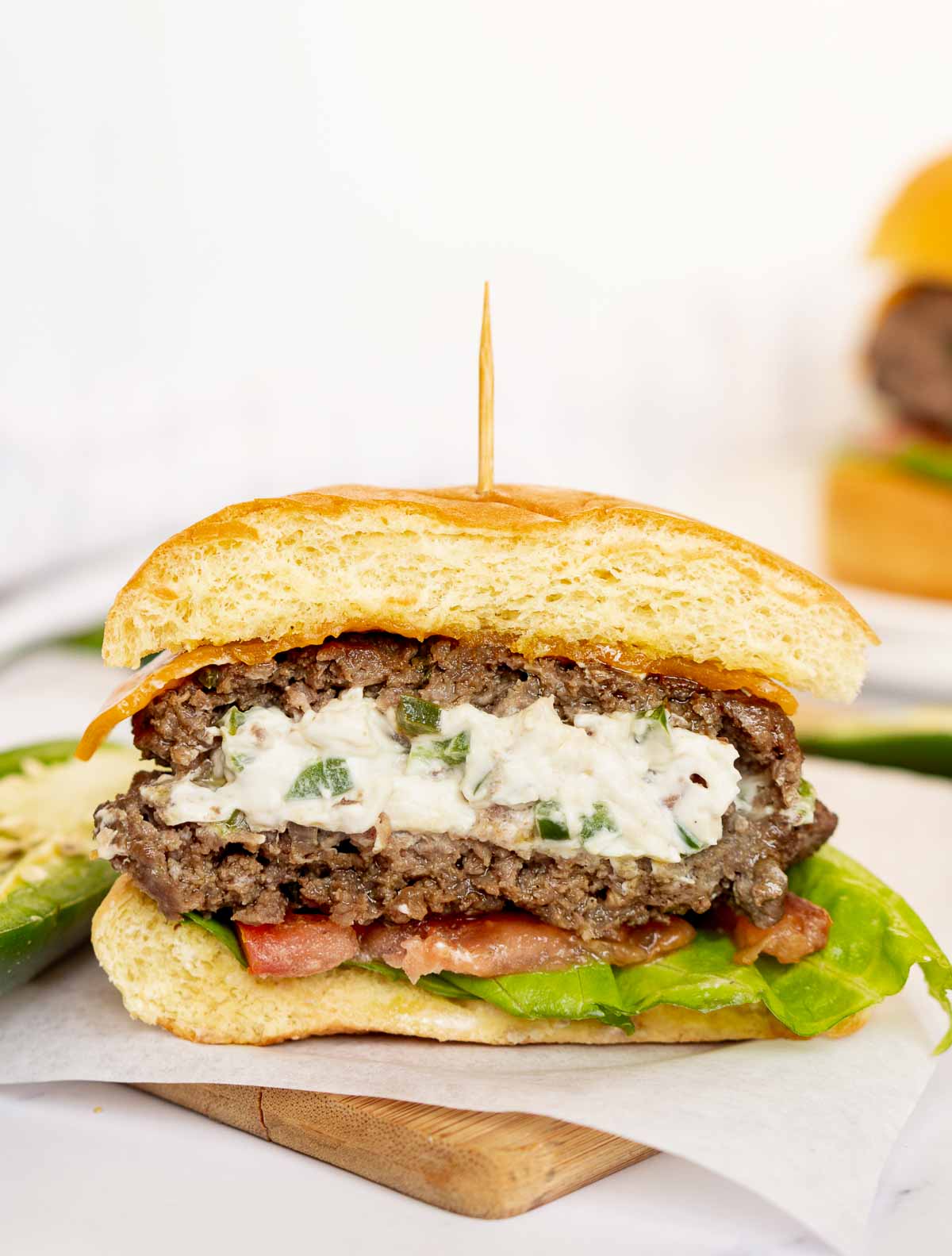 A Jalapeño Popper Burger with Cream cheese inside.