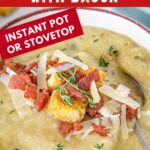 Image with text: easy healthy parsnip soup with bacon - Instant Pot or stovetop