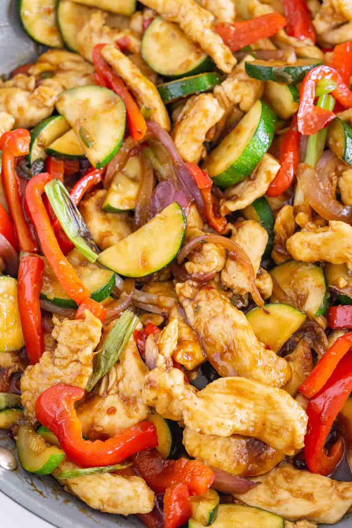 Close up of chicken and vegetable stir fry