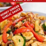 Image with text: 30 minute chicken vegetable stir fry - honey ginger garlic sauce