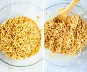 Adding chow mein noodles to peanut butter mixture