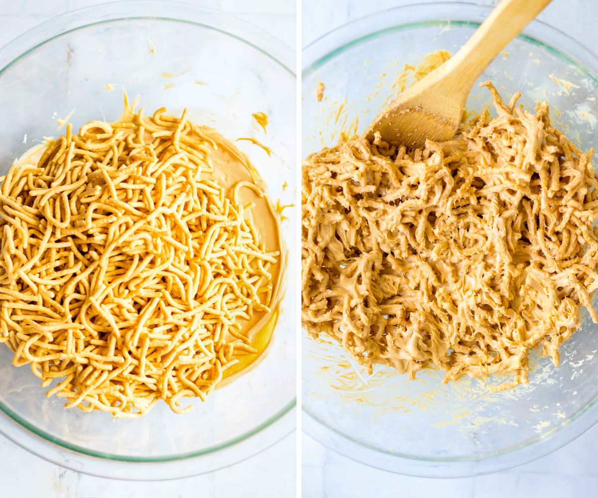 Adding chow mein noodles to peanut butter mixture