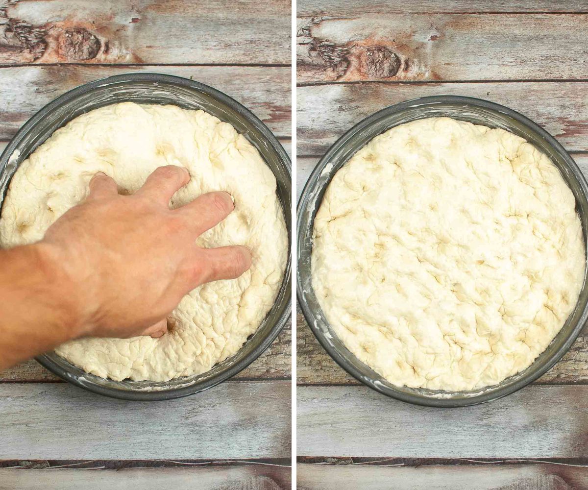 Poking focaccia dough to create dimples