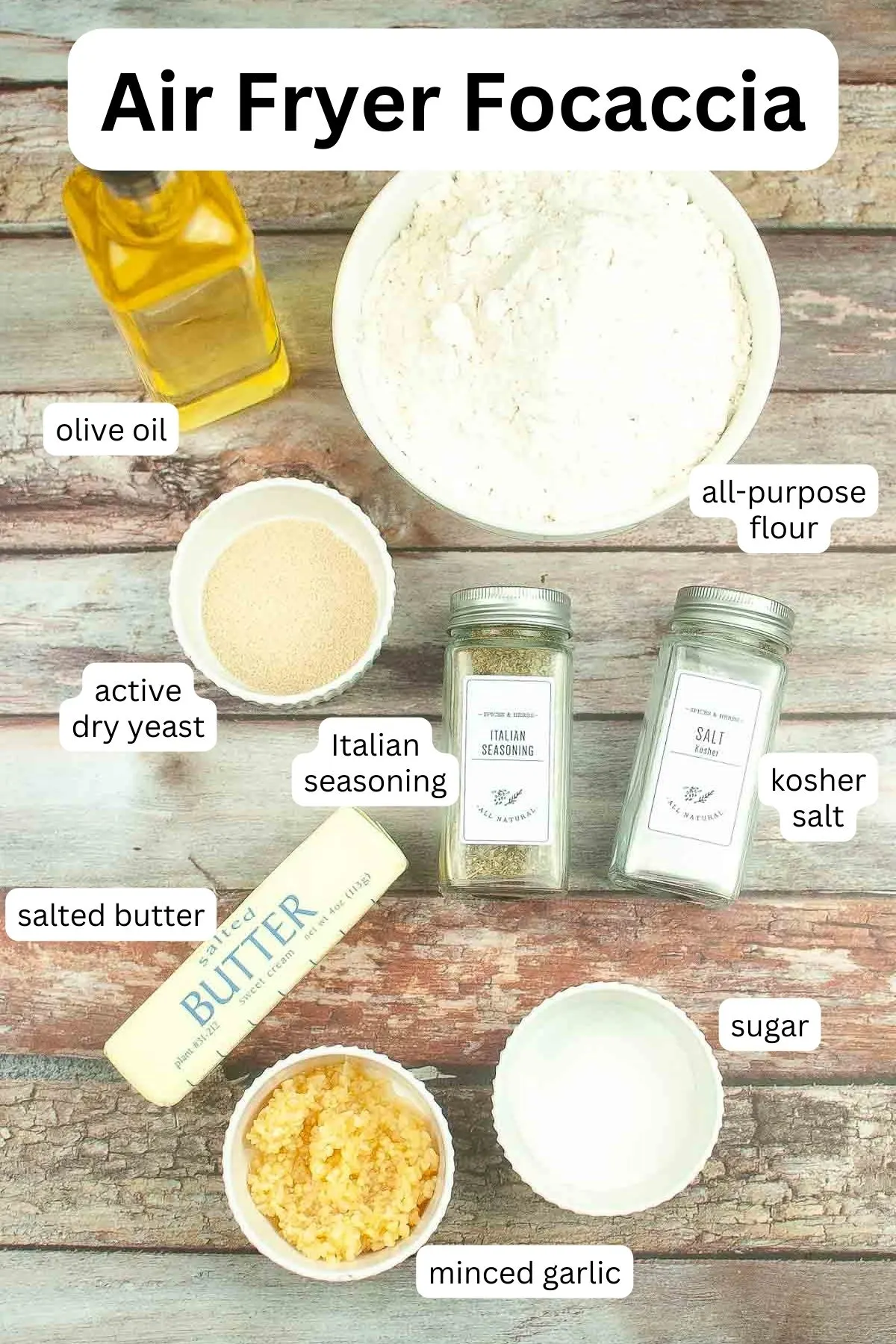 Ingredients to make a small focaccia loaf in the air fryer