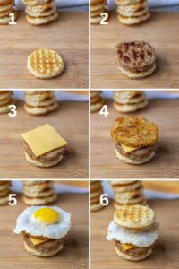 Collage of 6 pictures showing how to assemble mini breakfast sandwiches