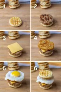 Collage of 6 pictures showing how to assemble mini breakfast sandwiches