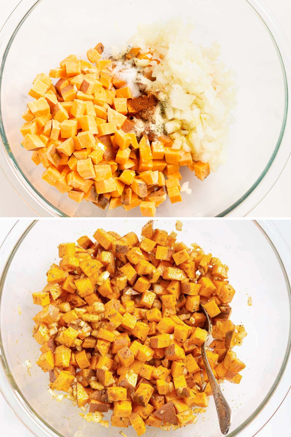 Collage of 2 pictures showing how to season cubed sweet potatoes to make home fries