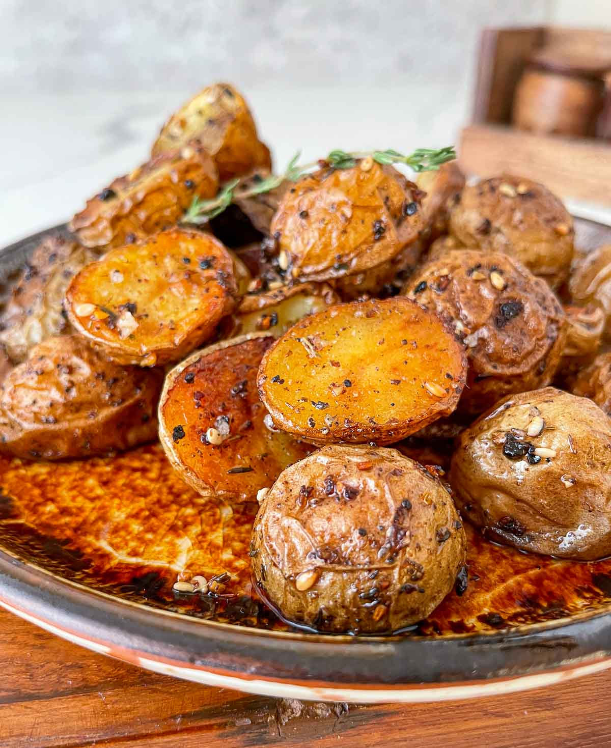 Bowl of roasted young potatoes with za'atar seasoning