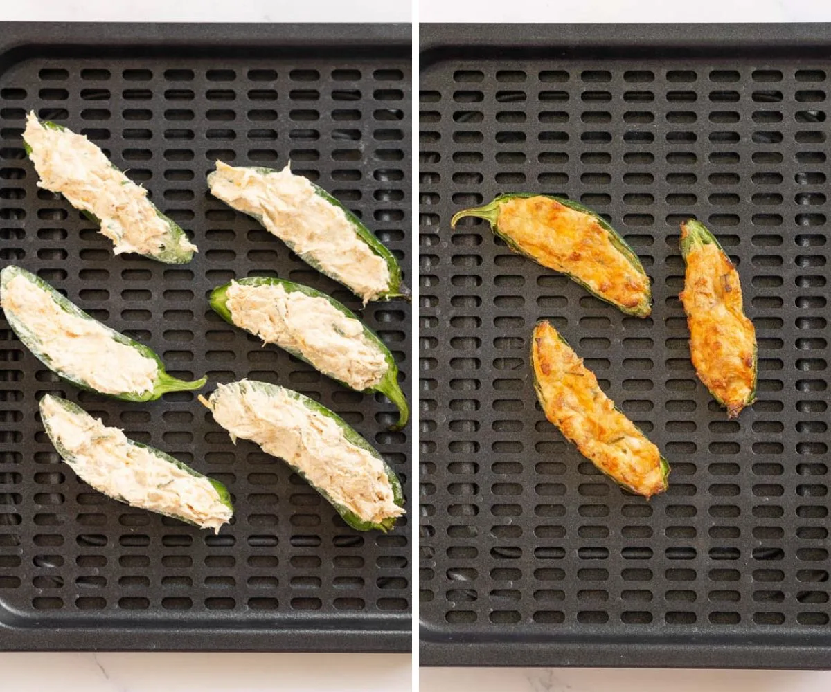 Collage of 2 pictures of tuna jalapeño poppers in an air fryer tray