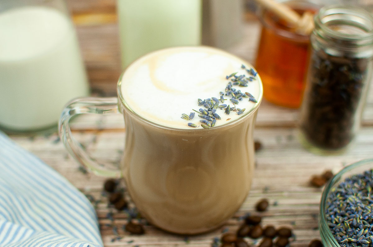 Mug of lavender latte coffee drink