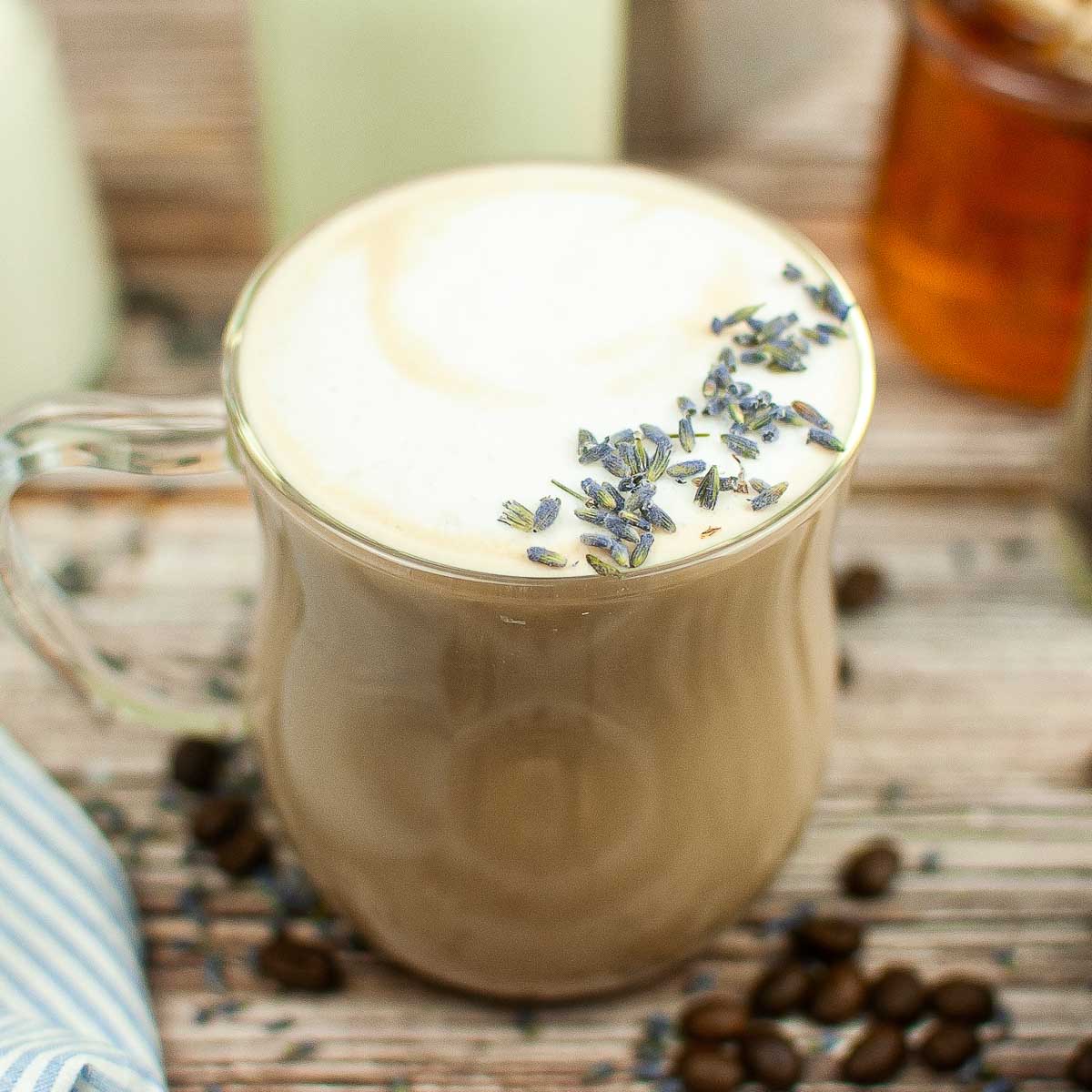 Honey lavender latte garnished with lavender flowers