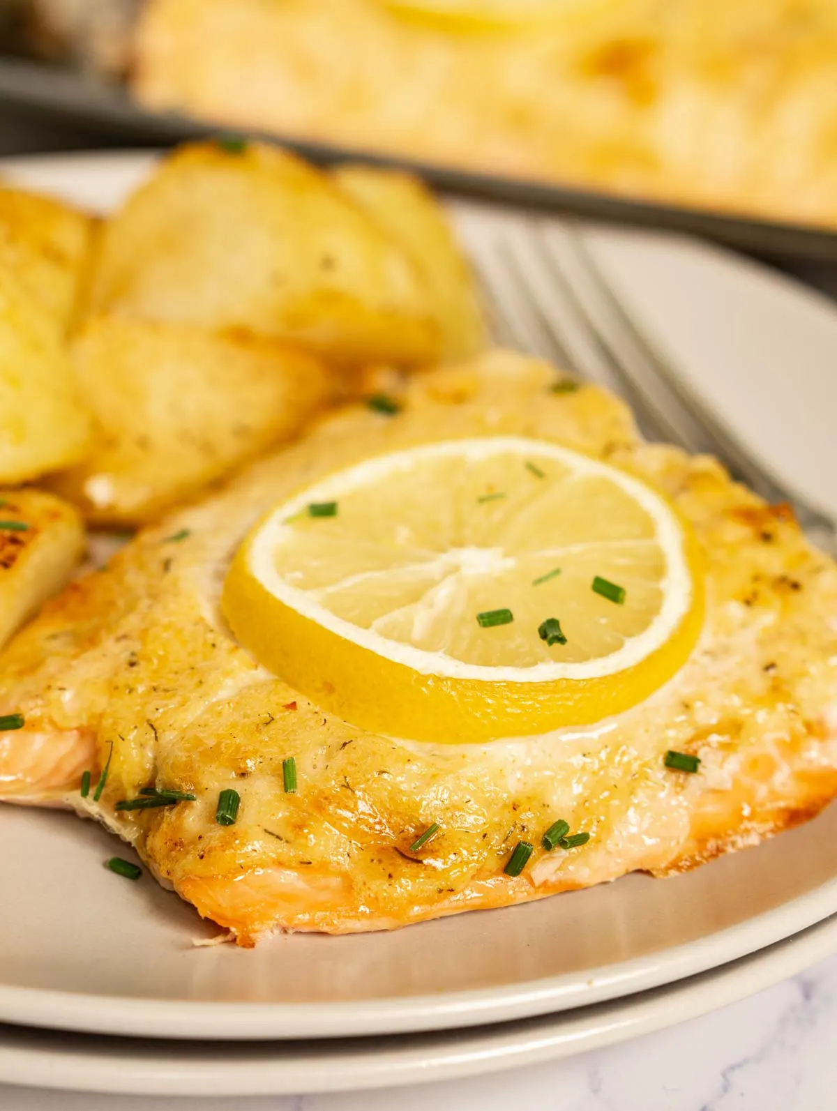 Mayo baked salmon fillet on a plate