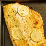 Mayo baked salmon with lemon slices on top