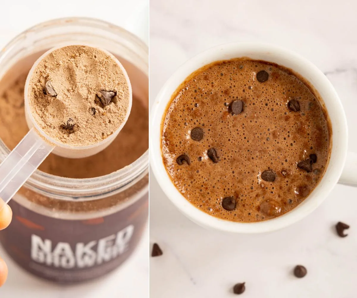 Collage of 2 pictures showing how to mix together the protein brownie batter in a mug
