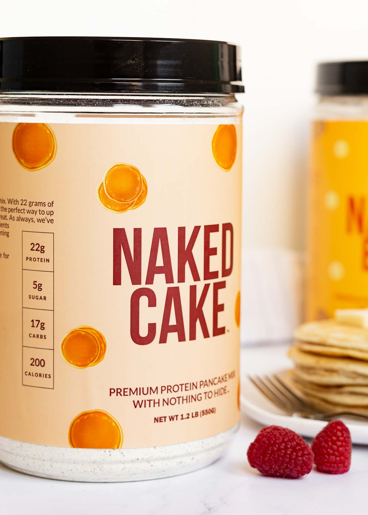 Container of Naked Cake pancake protein mix showing the nutrition info