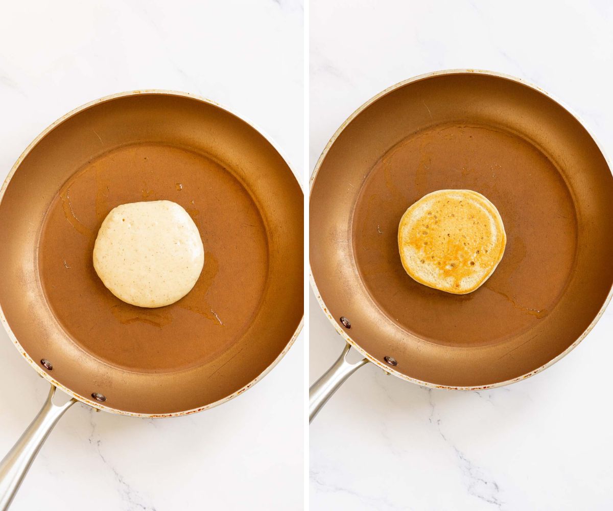 Collage of 2 pictures showing a pancake cooking