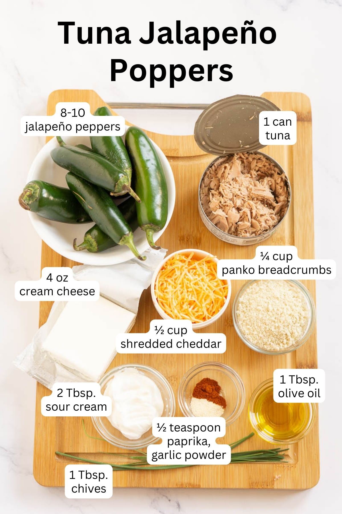 Ingredients to make tuna stuffed jalapeño poppers
