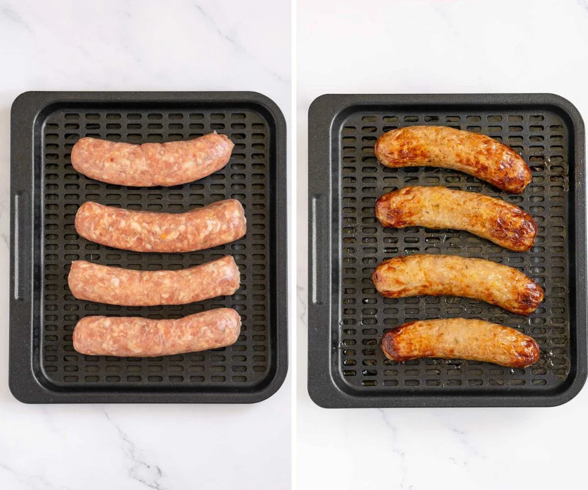 Collage of 2 pictures showing uncooked and air fried Italian sausages