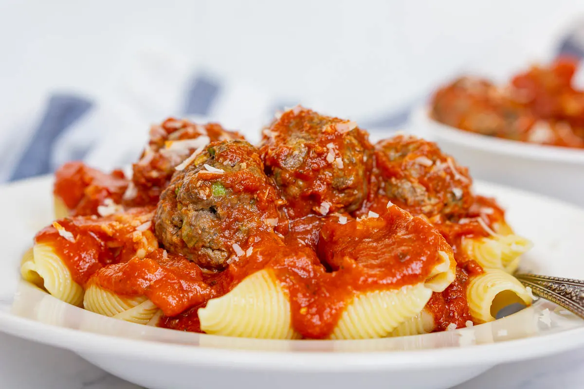 Plate of bison meatballs with pasta