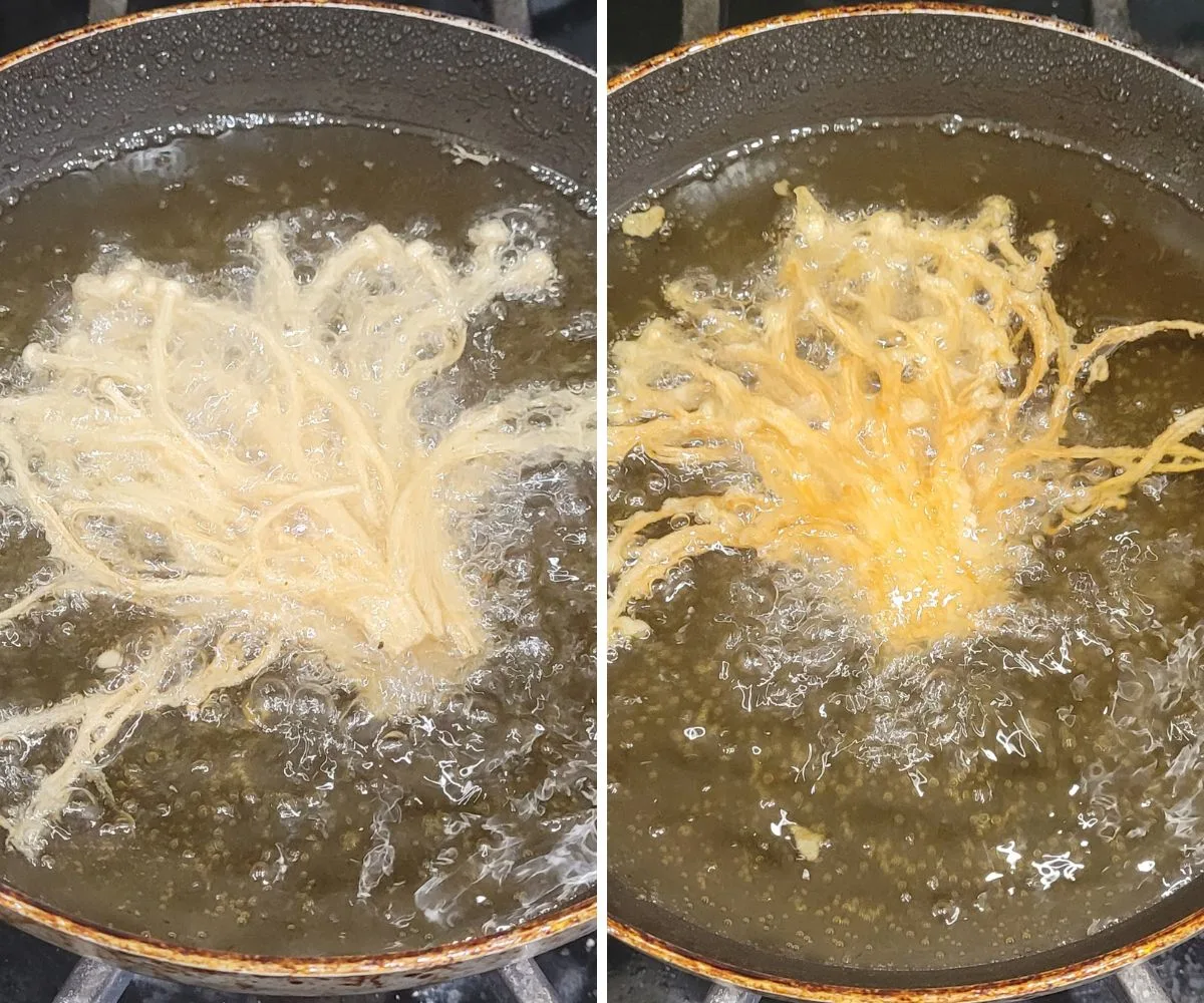 Collage of 2 pictures showing enoki mushrooms frying