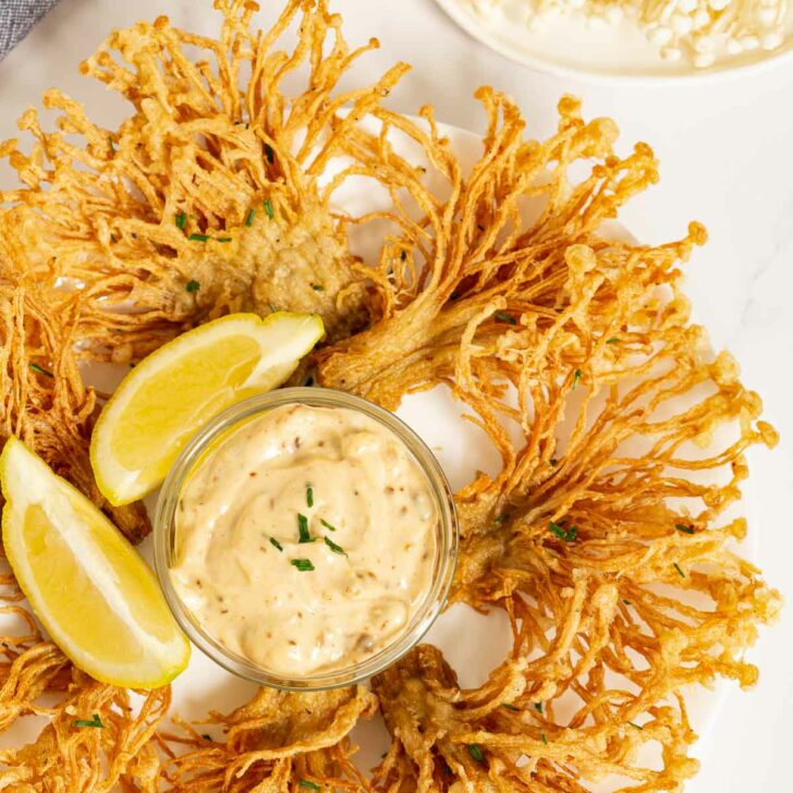 Fried Enoki Mushrooms with Chili Aioli Babaganosh