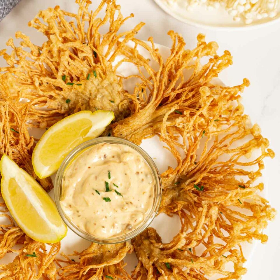 Fried Enoki Mushrooms with Chili Aioli Babaganosh