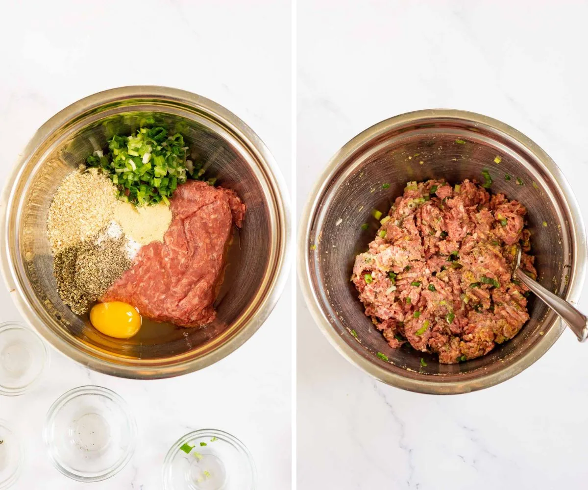 Collage of 2 pictures showing how to make bison meatball mixture from ground bison meat