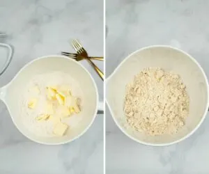 Collage of 2 pictures showing how to combine diced butter with flour for pie crust