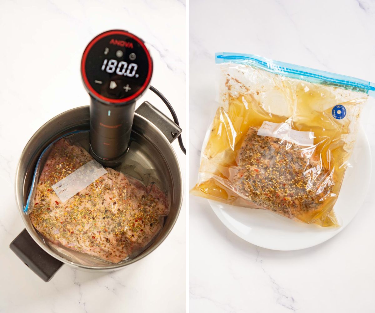 Collage of 2 pictures showing corned beef in a sous vide bath and cooked corned beef.