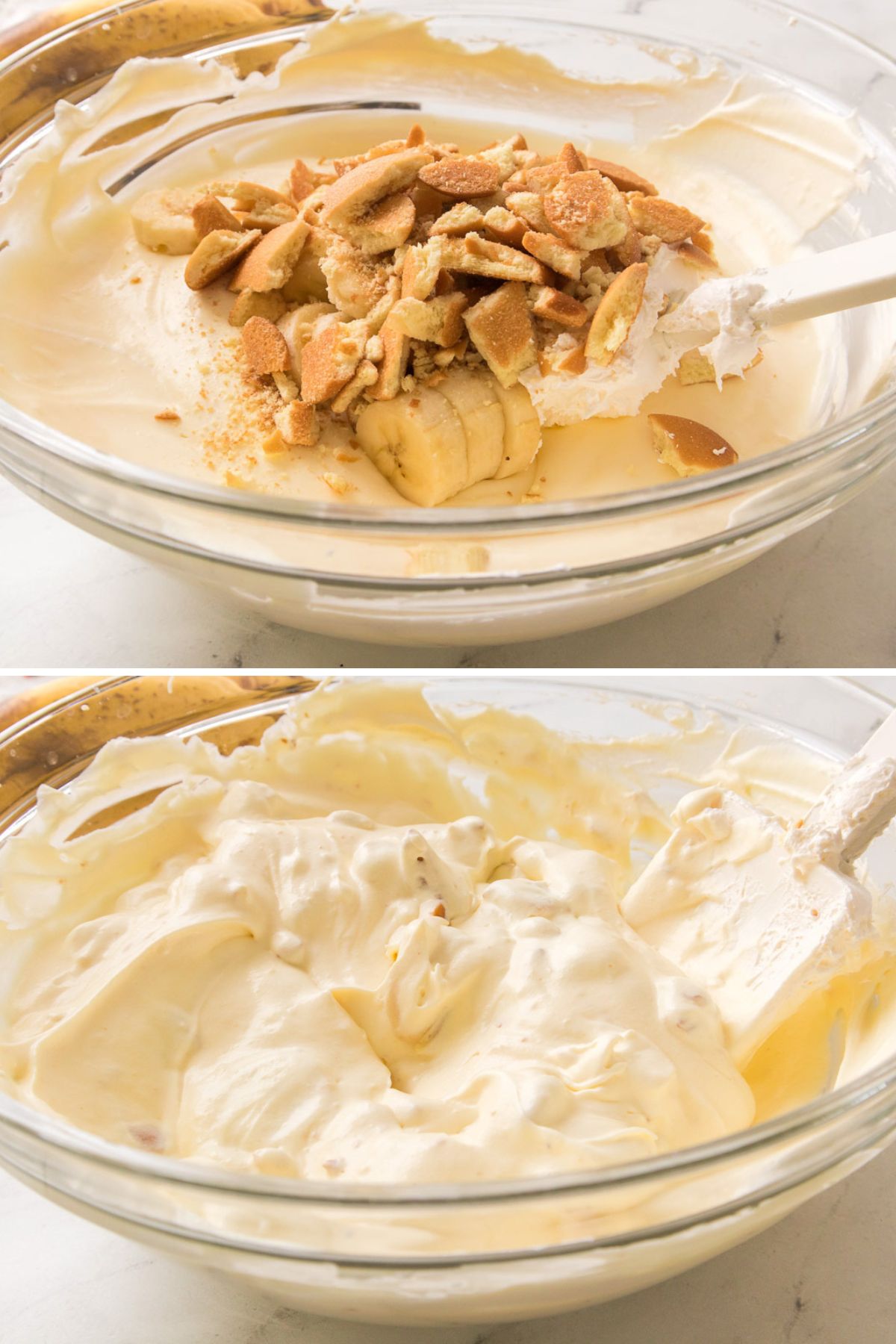 Adding crushed vanilla wafers and banana slices into pudding