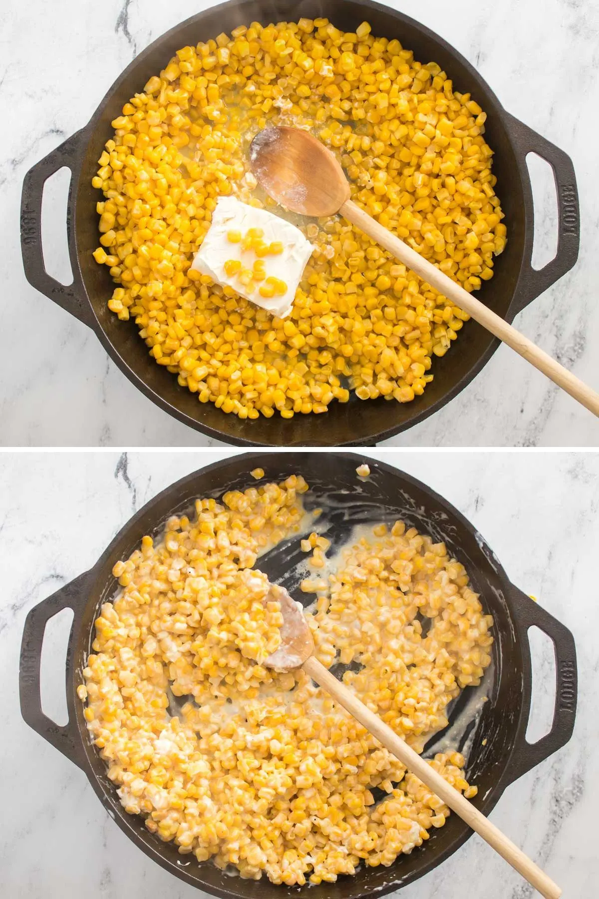 2 pictures showing adding cream cheese to a skillet with corn.