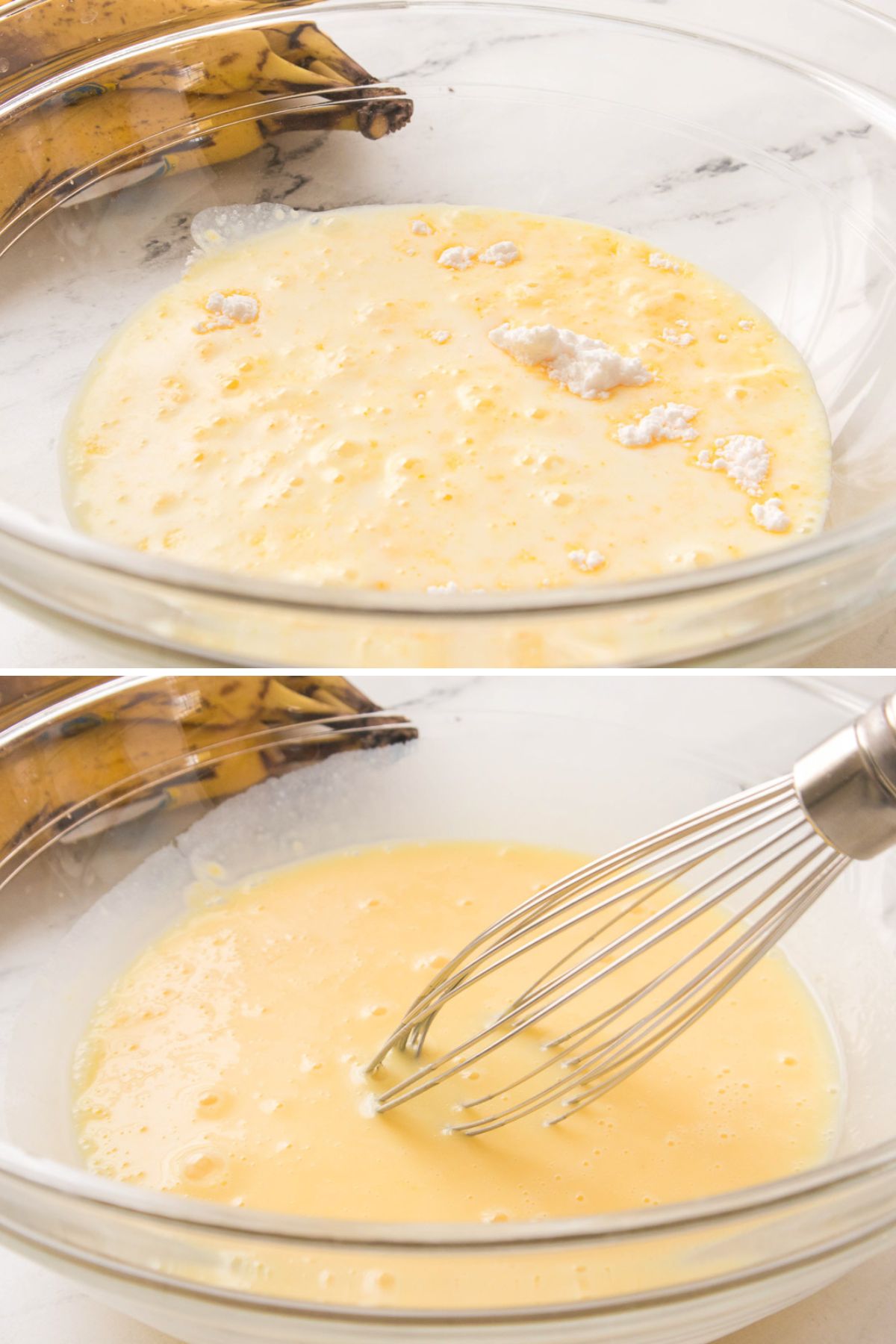 2 pictures making instant banana pudding