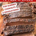 Image with text: Easy smoked brisket to feed a crowd - for summer cookouts and graduation parties