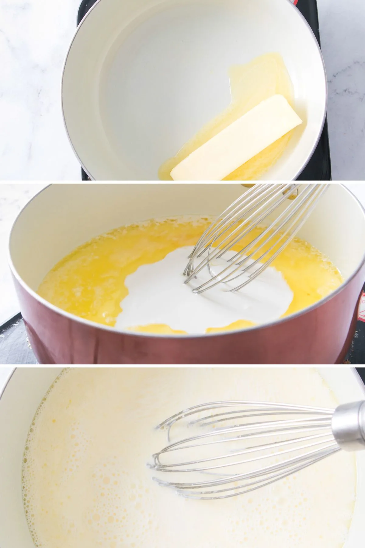 Pictures of melting butter and adding cream to make Alfredo sauce.