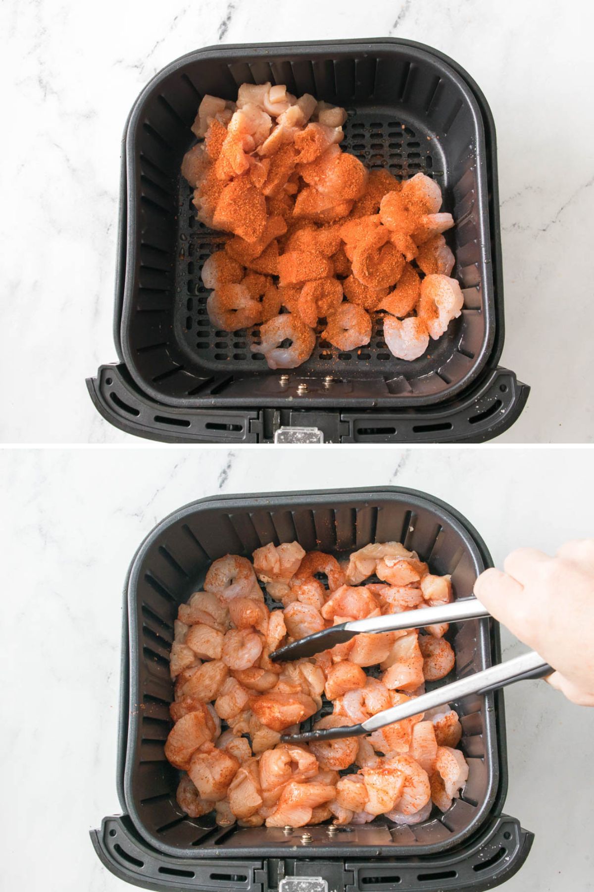 Pictures of how chicken and shrimp being seasoned in the air fryer basket.