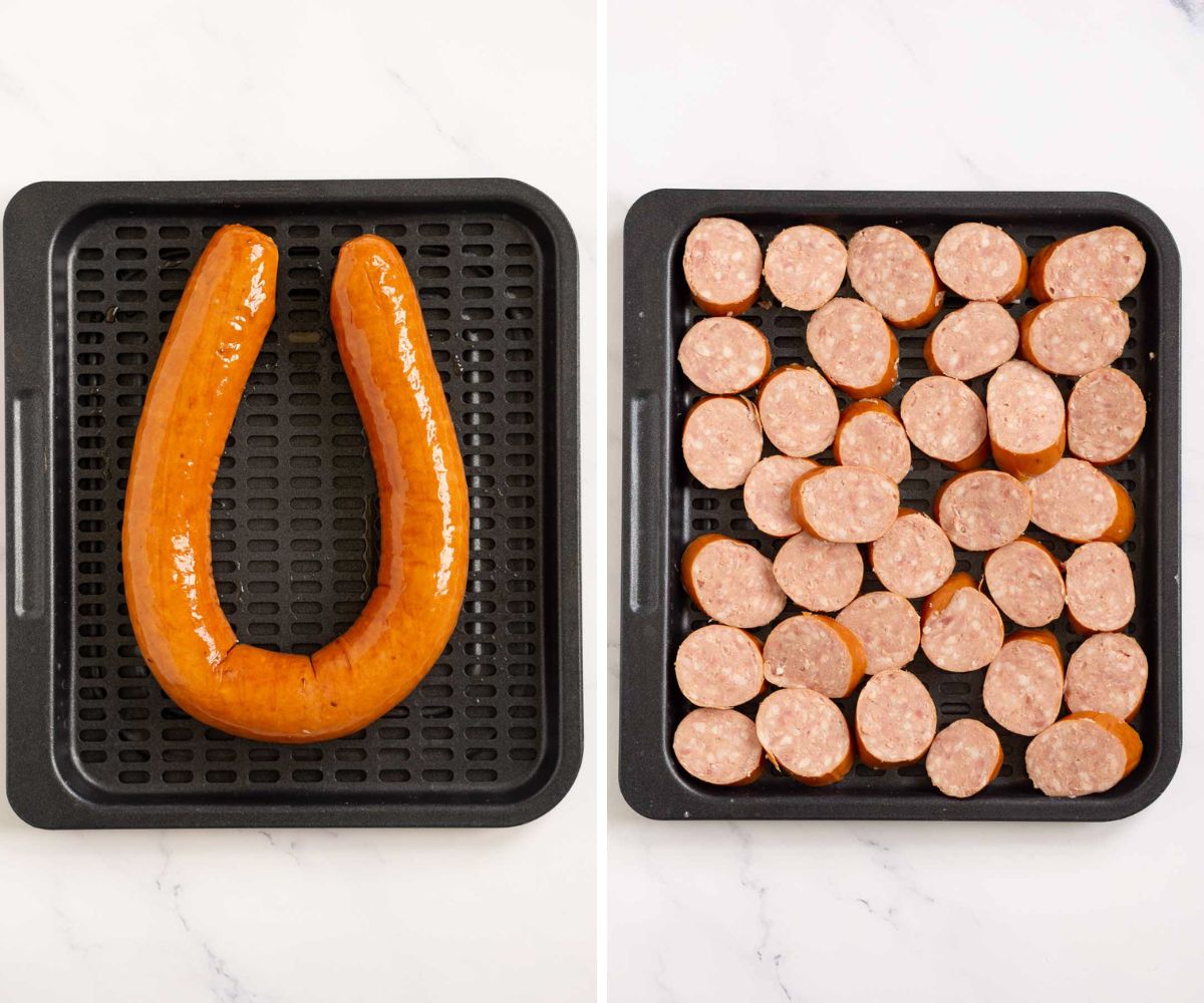 Whole and sliced uncooked kielbasa on an air fryer tray