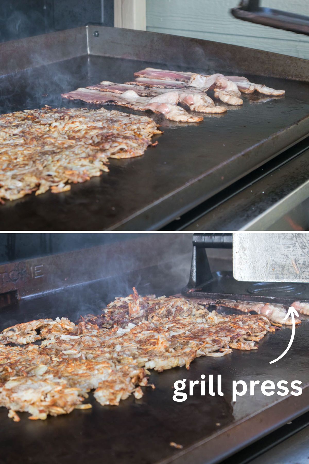 Collage of 2 pictures showing how to cook bacon and hash browns on a Blackstone griddle