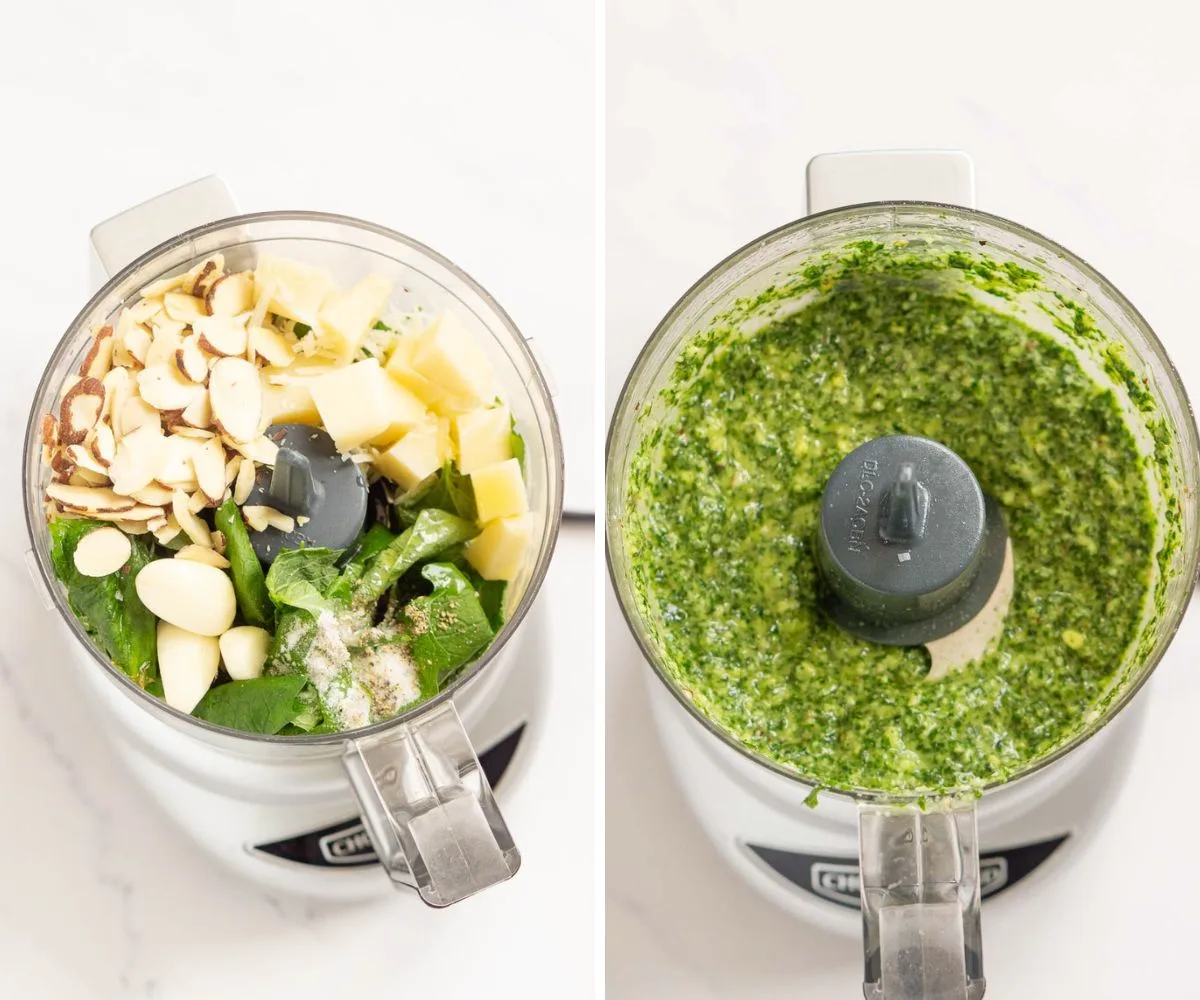 Collage of 2 pictures of how to many garlic mustard pesto in a food processor