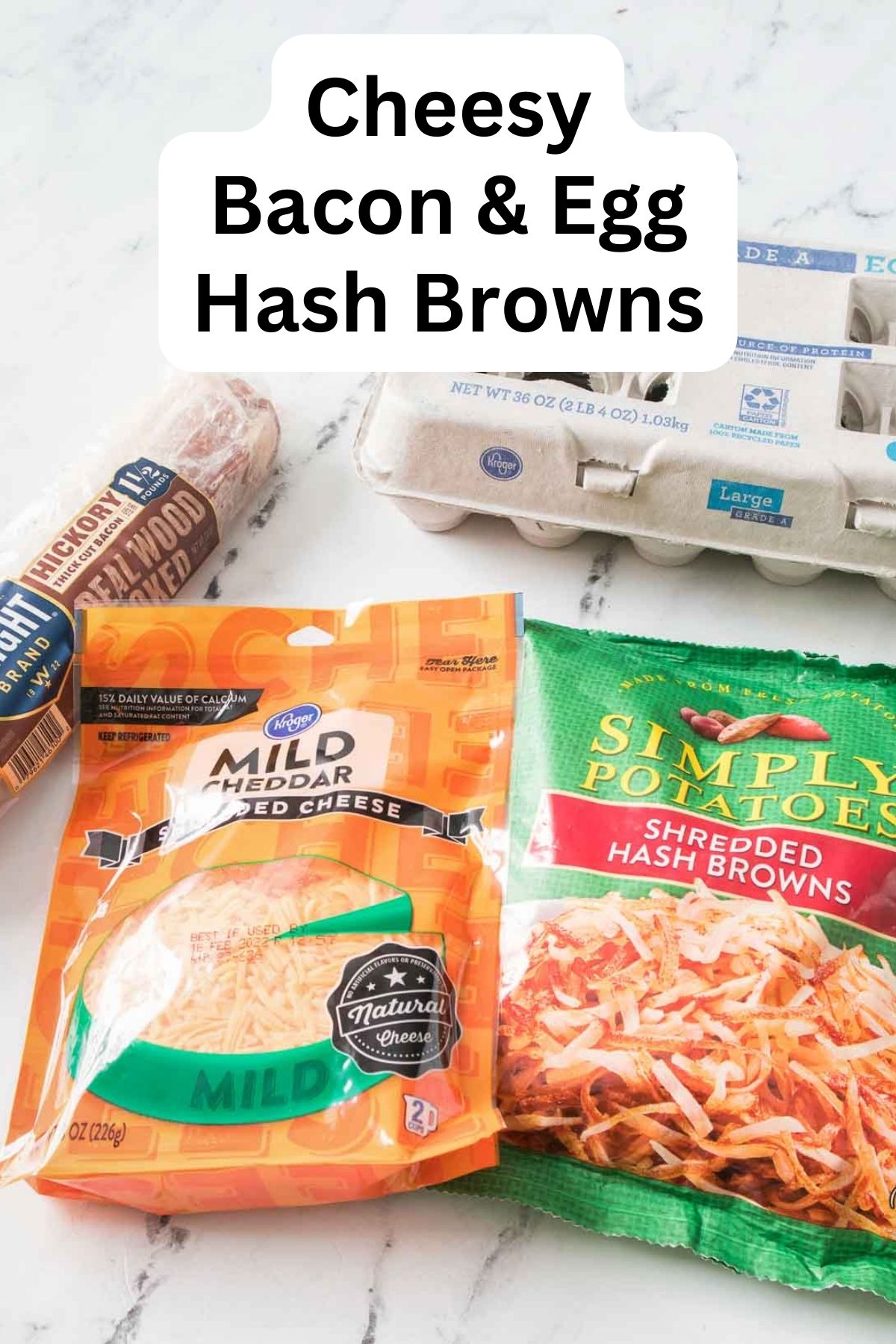 Ingredients to make cheesy bacon and egg hash browns