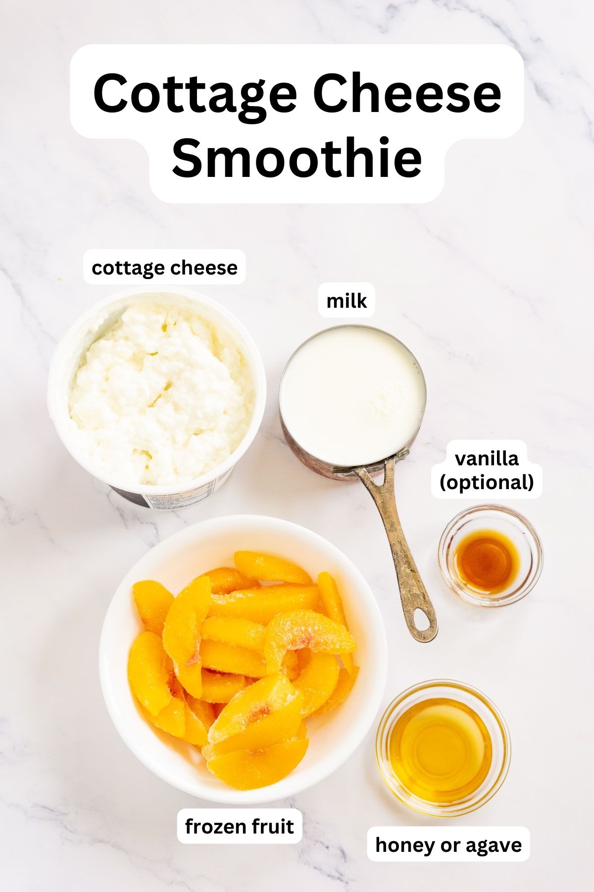 Ingredients to make a peach cottage cheese smoothie