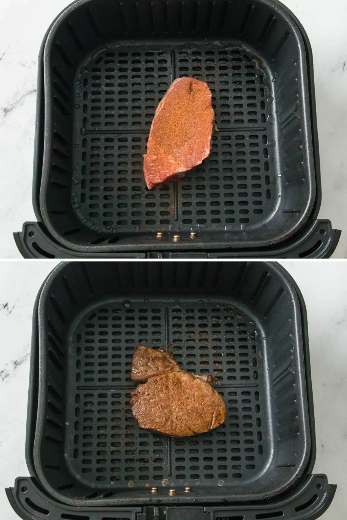 Collage of 2 pictures showing Cajun seasoned steak in an air fryer