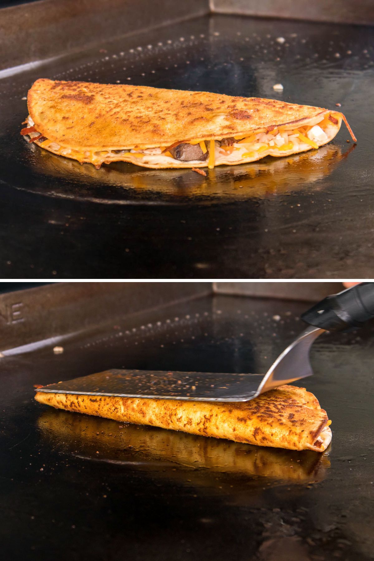 Collage of 2 pictures showing how to flip a steak quesadilla on a Blackstone griddle